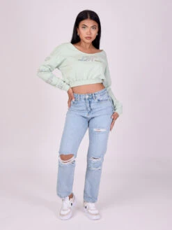 Sweatshirt Court Avec Large Décolleté Logo Irisée