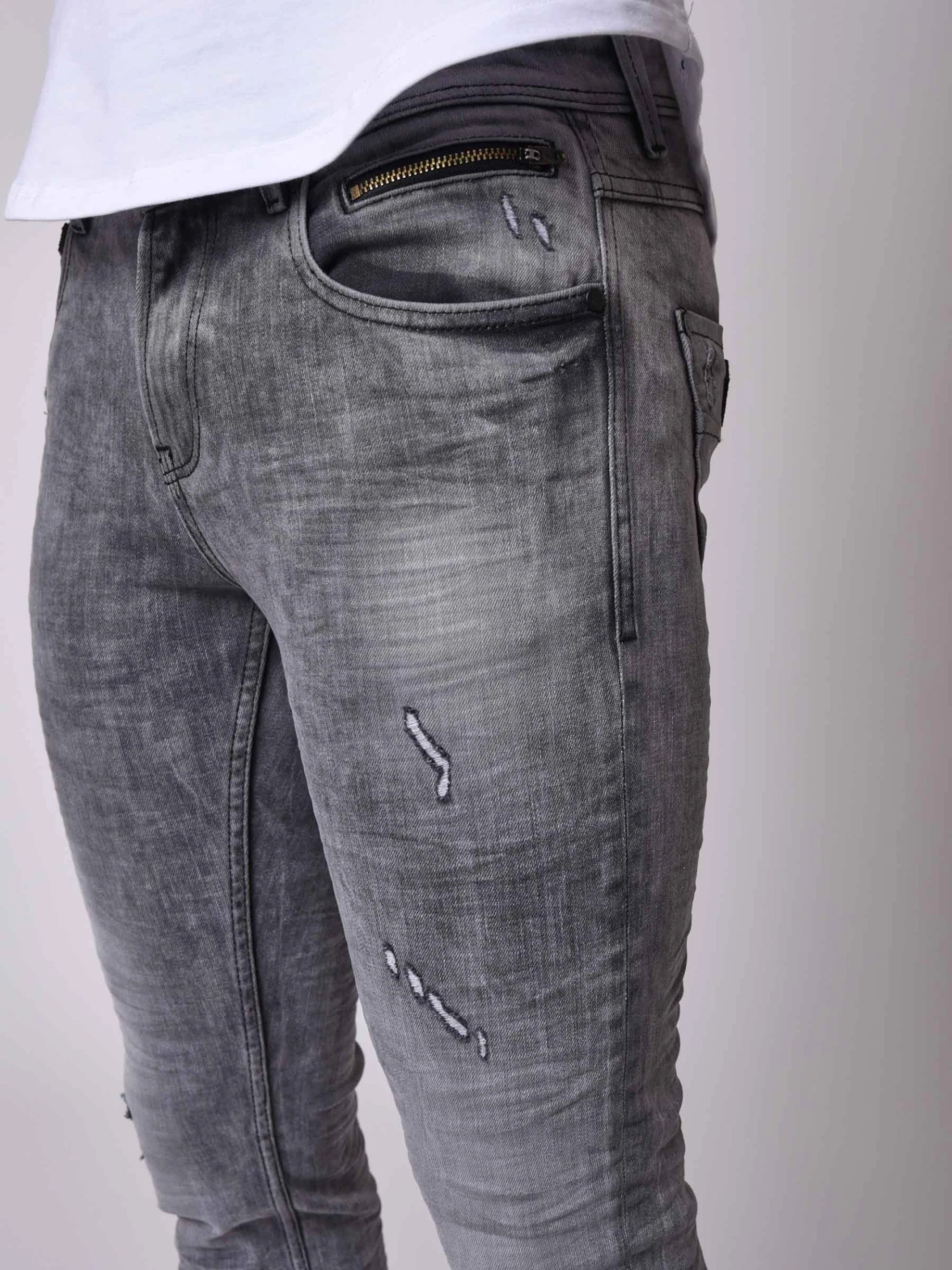 Jean Skinny Fit Basic Délavage Gris Effet Usé – Image 6