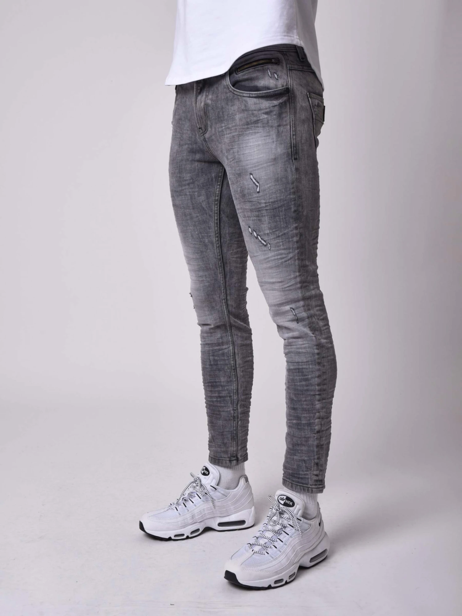 Jean Skinny Fit Basic Délavage Gris Effet Usé