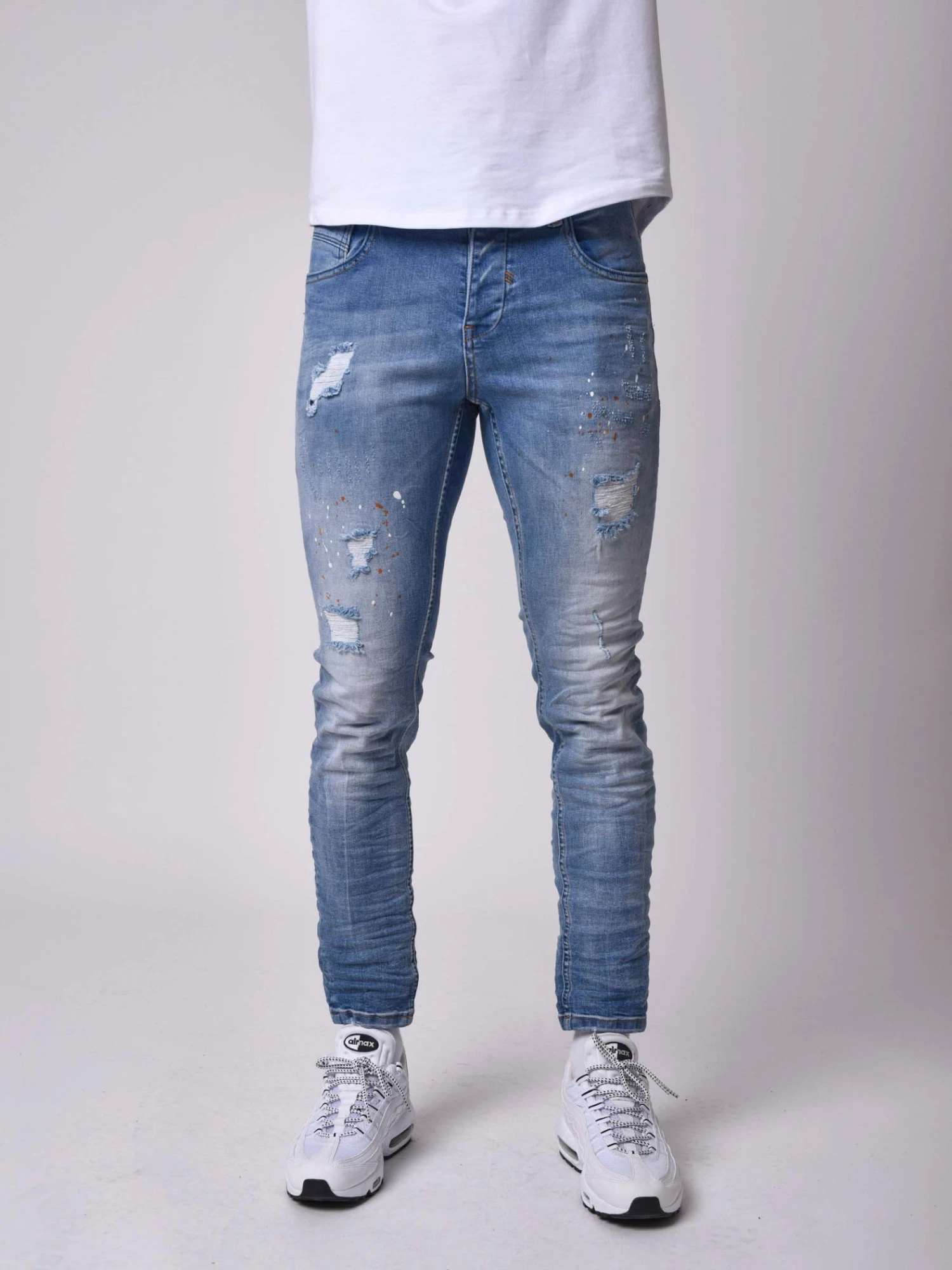 Jean Skinny Fit Délavage Bleu Clair Tacheté Effet Usé – Image 2