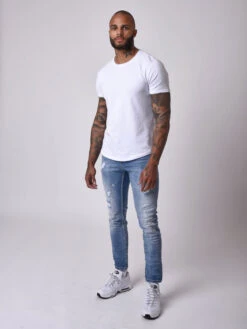 Jean Skinny Fit Délavage Bleu Clair Tacheté Effet Usé