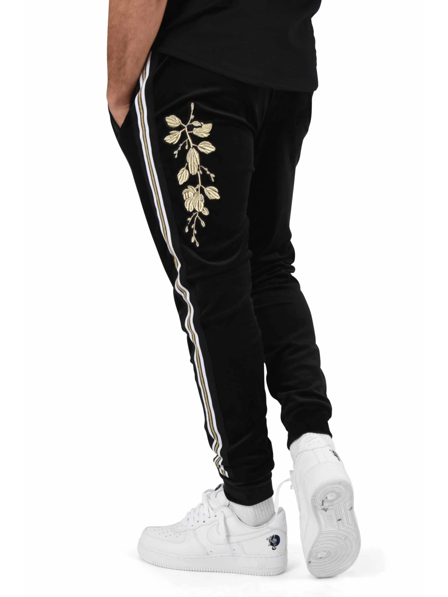 Pantalon De Jogging Velvet Bandes Contrastantes Et Patch Floral Doré – Image 2