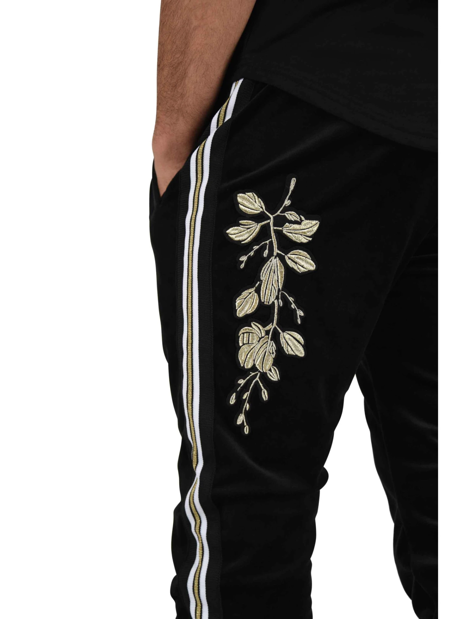 Pantalon De Jogging Velvet Bandes Contrastantes Et Patch Floral Doré – Image 3