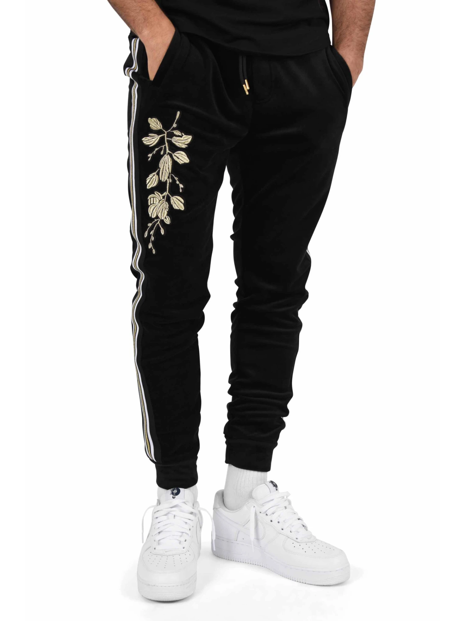 Pantalon De Jogging Velvet Bandes Contrastantes Et Patch Floral Doré – Image 4