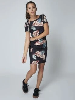 Robe à Imprimé Feuilles Exotiques à Bandes Rayées