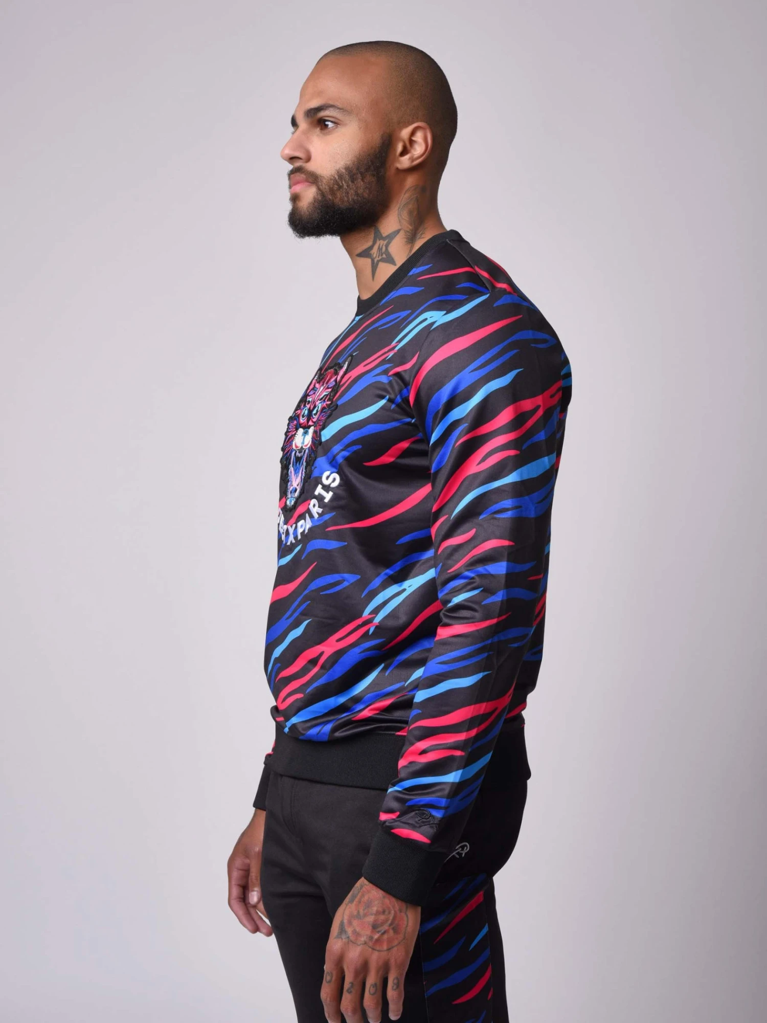 Sweat Col Rond Motif Tigré Patch Félin