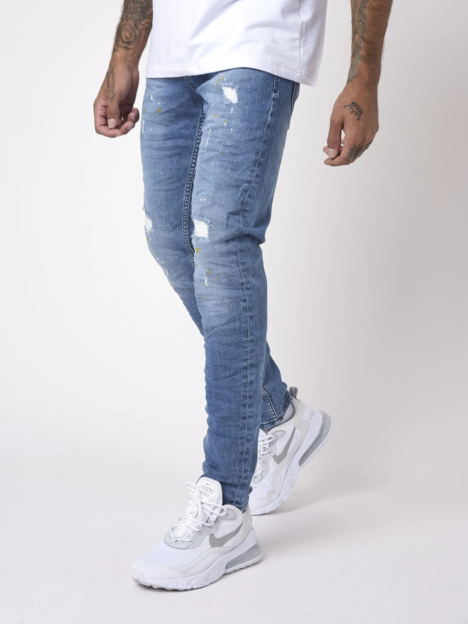 Jean Slim Basic Bleu Effet Usé Et Tacheté – Image 4
