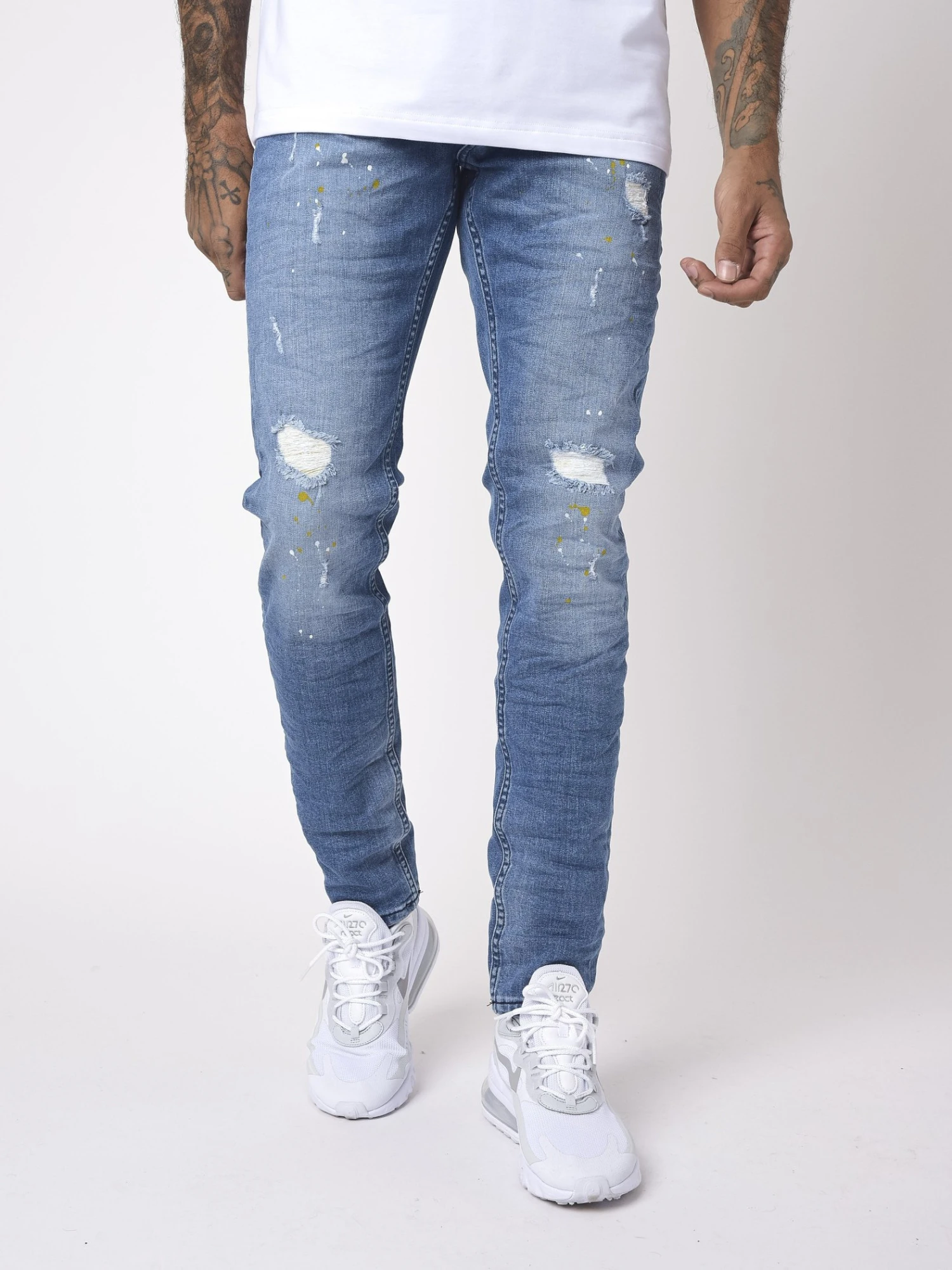 Jean Slim Basic Bleu Effet Usé Et Tacheté